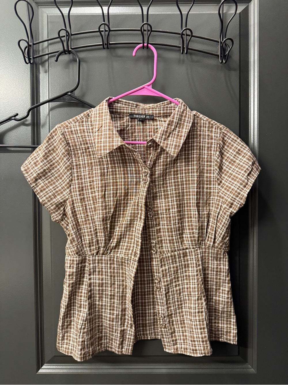 Forever 21 Brown Plaid Short-Sleeve Button Front Top Cinch Waist NWOT